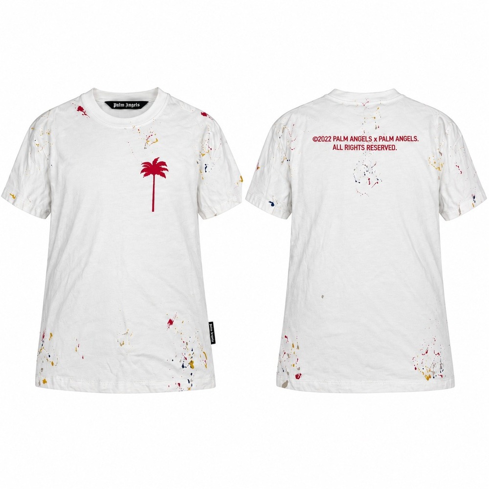 Palm Angels Paint Splatter Palm Tree T-Shirt Cream Red Large PMAA001S22JER003